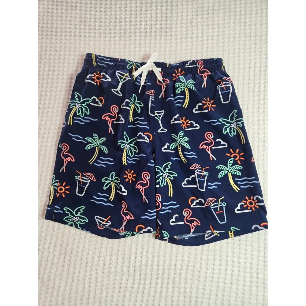Chubbies Mens Navy Neon Flamingo Palm‎ Tree Swim Trunks 7 Inch Inseam Large